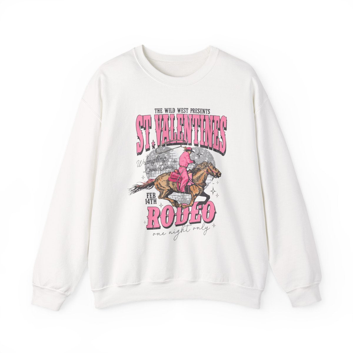 light pink sweatshirt with st. valentines rodeo western graphic design