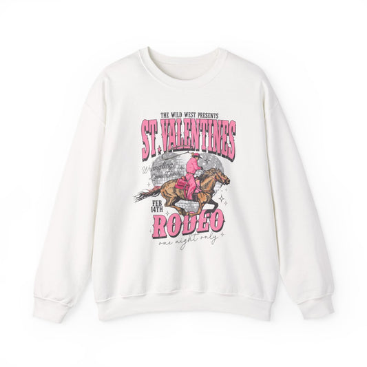 light pink sweatshirt with st. valentines rodeo western graphic design
