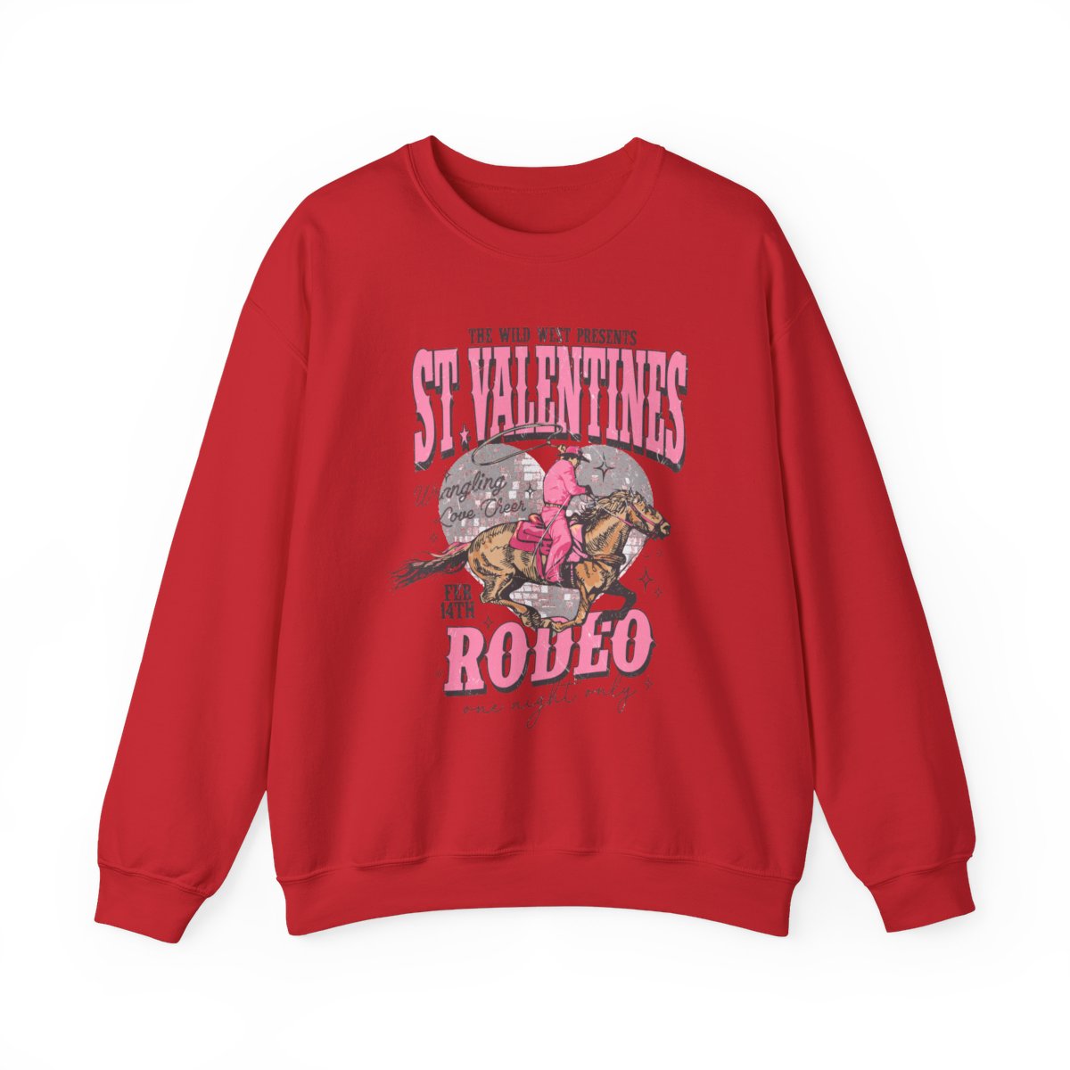 white sweatshirt with st. valentines rodeo western print for cowgirl gift