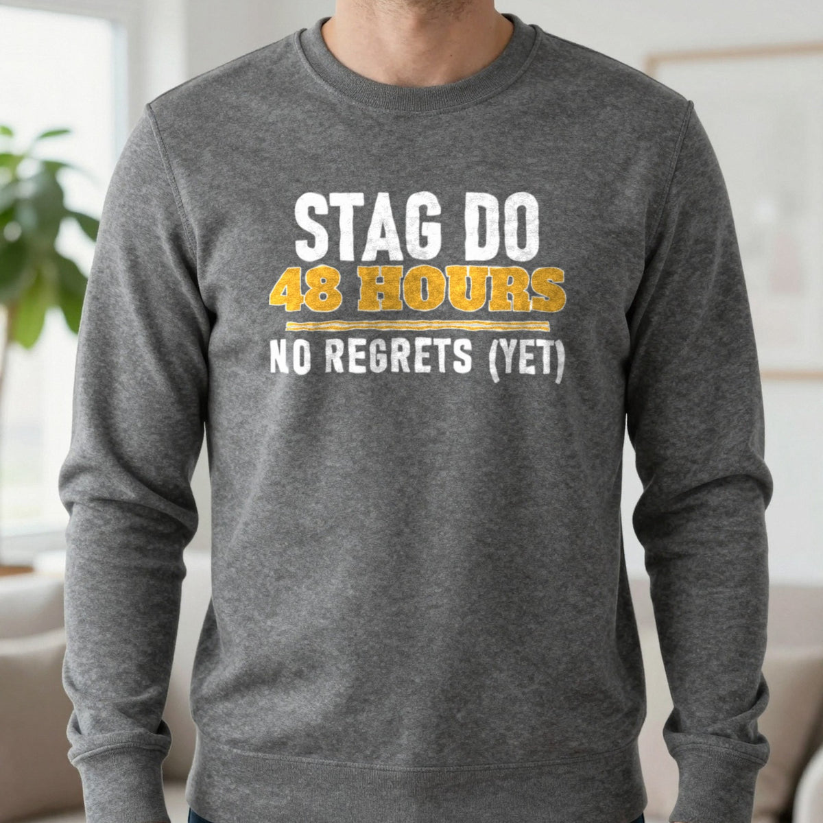 Stag Do 48 Hours No Regrets Yet Stag Do T-Shirt & Sweatshirt in Charcoal, worn, our photo