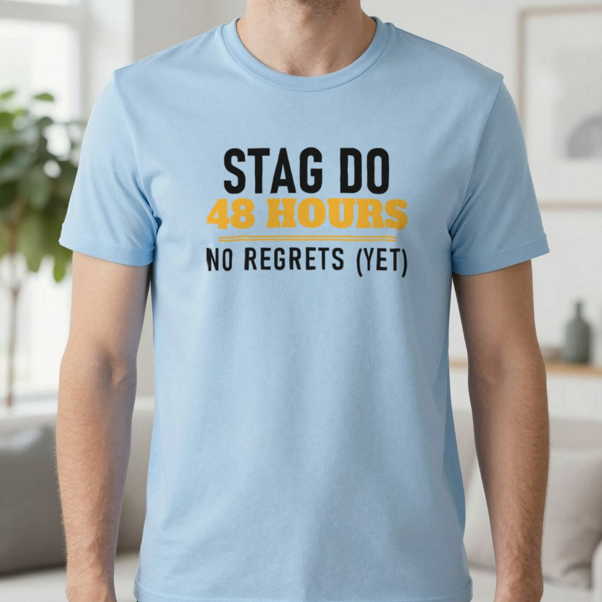 Stag Do 48 Hours No Regrets Yet Stag Do T-Shirt & Sweatshirt in Light Blue, worn, our photo