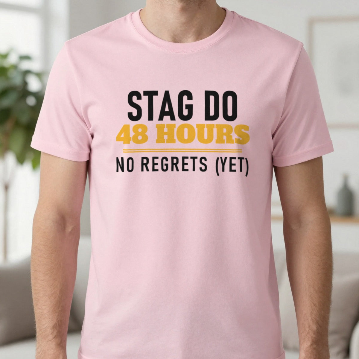 Stag Do 48 Hours No Regrets Yet Stag Do T-Shirt & Sweatshirt in Light Pink, worn, our photo