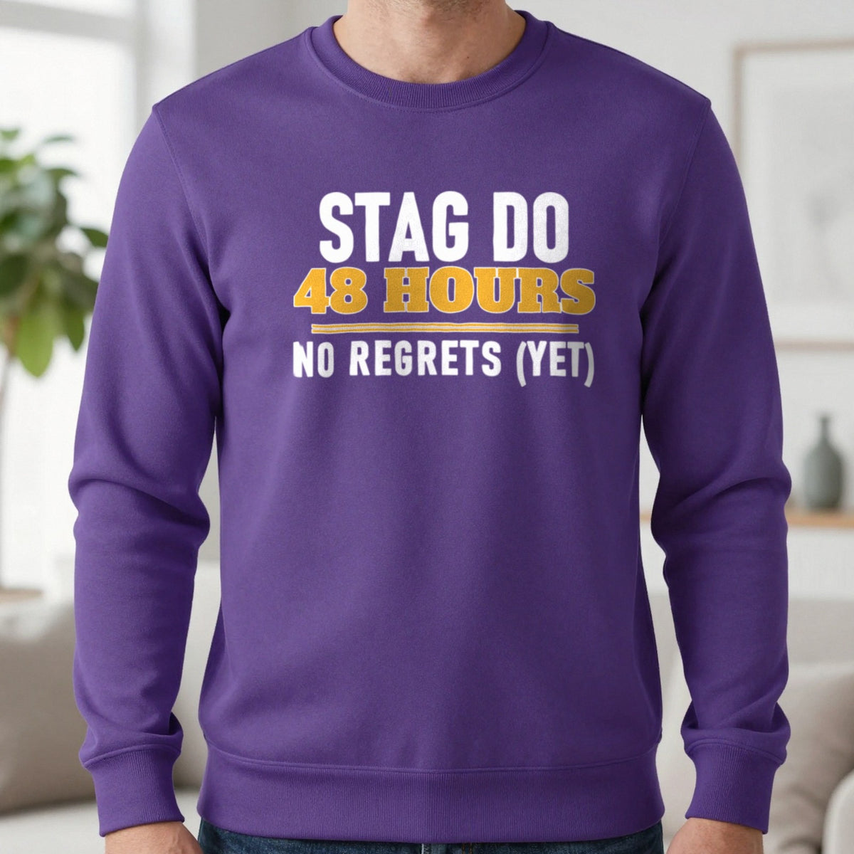 Stag Do 48 Hours No Regrets Yet Stag Do T-Shirt & Sweatshirt in Purple, worn, our photo