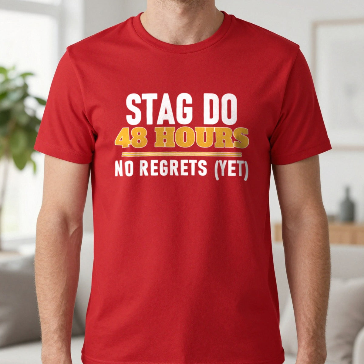 Stag Do 48 Hours No Regrets Yet Stag Do T-Shirt & Sweatshirt in Red, worn, our photo