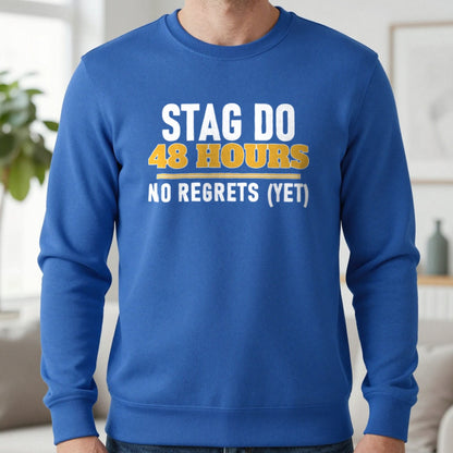 Stag Do 48 Hours No Regrets Yet Stag Do T-Shirt & Sweatshirt in Royal, worn, our photo