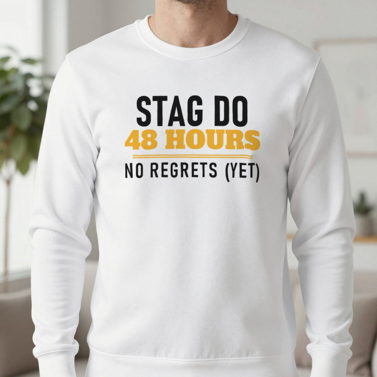Stag Do 48 Hours No Regrets Yet Stag Do T-Shirt & Sweatshirt in White, worn, our photo