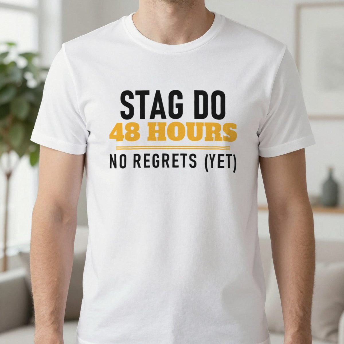 Stag Do 48 Hours No Regrets Yet Stag Do T-Shirt & Sweatshirt in White, worn, our photo