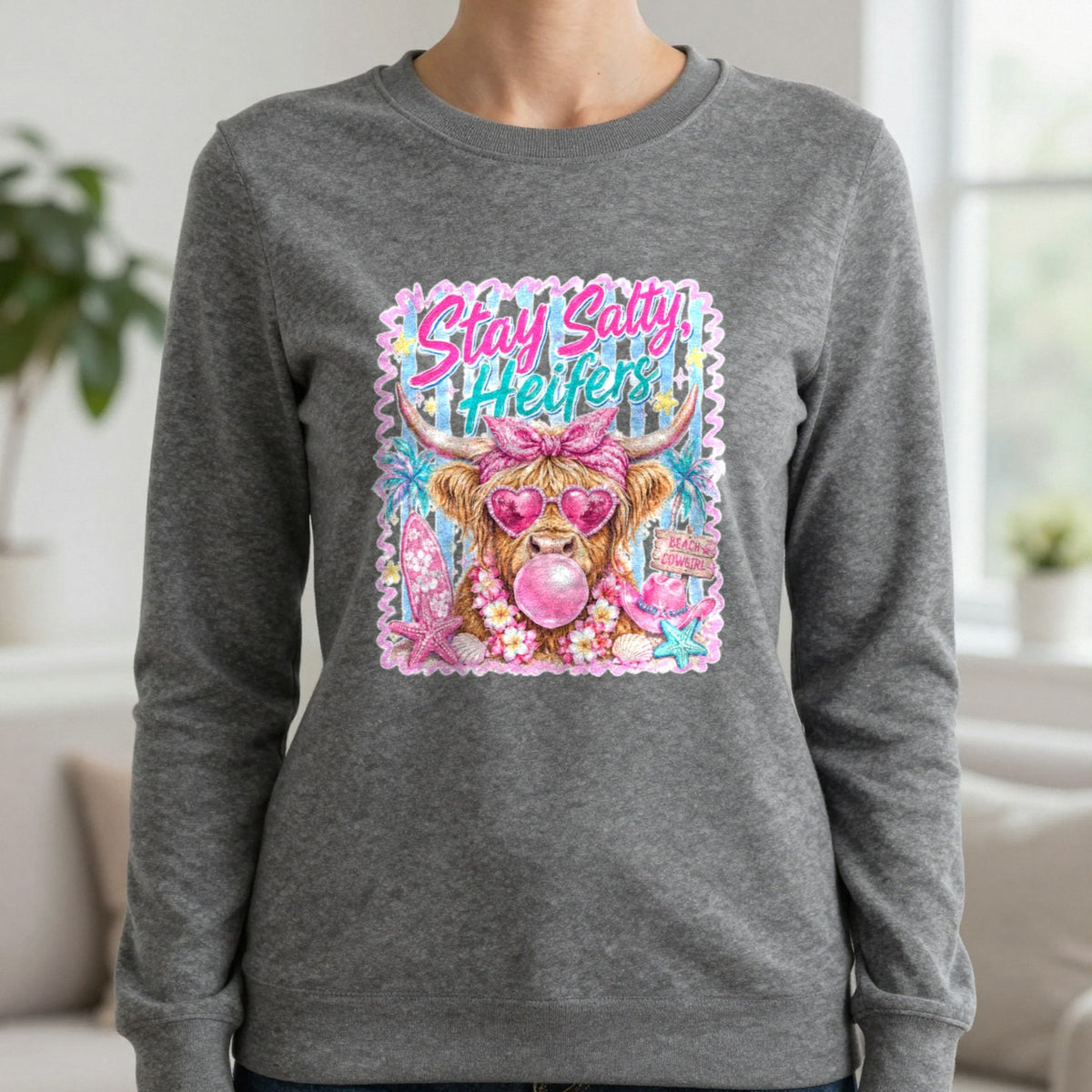 Stay Salty Heifers T-Shirt & Sweatshirt in Charcoal, worn, our photo