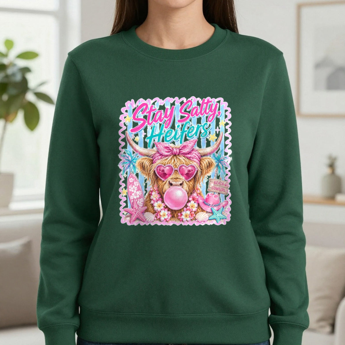 Stay Salty Heifers T-Shirt & Sweatshirt in Forest Green, worn, our photo