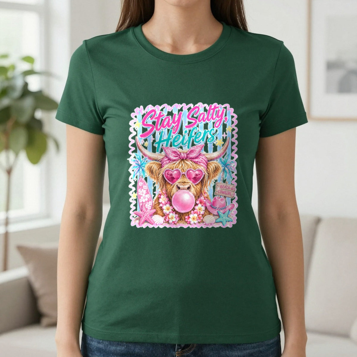 Stay Salty Heifers T-Shirt & Sweatshirt in Forest Green, worn, our photo