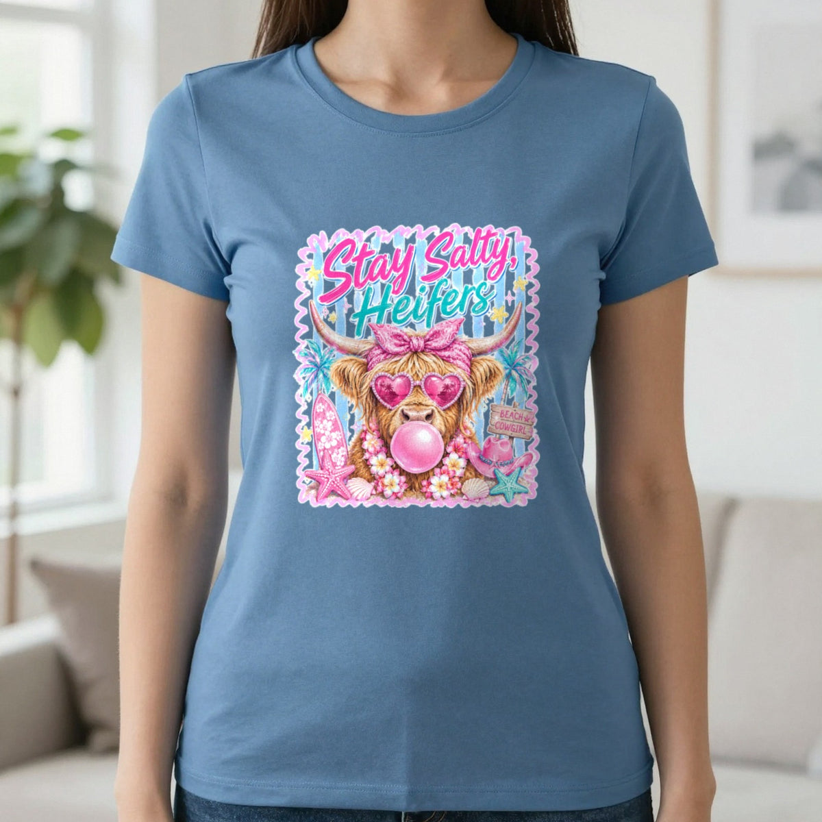 Stay Salty Heifers T-Shirt & Sweatshirt in Indigo Blue, worn, our photo