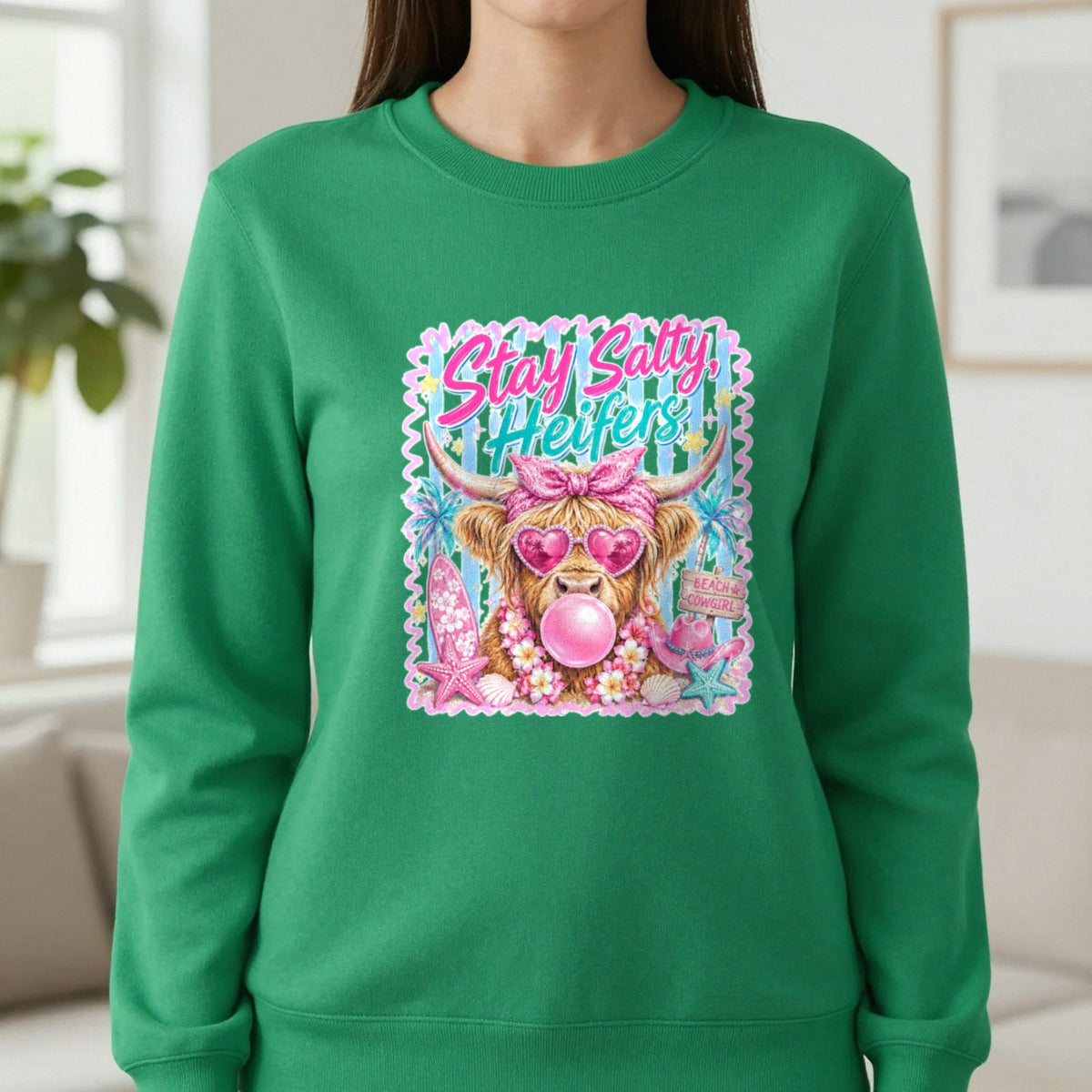 Stay Salty Heifers T-Shirt & Sweatshirt in Irish Green, worn, our photo