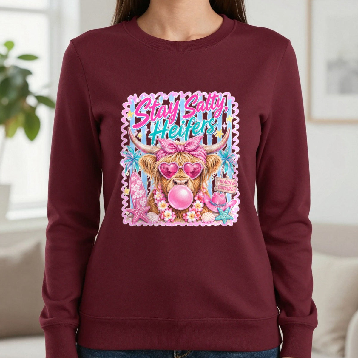 Stay Salty Heifers T-Shirt & Sweatshirt in Maroon, worn, our photo