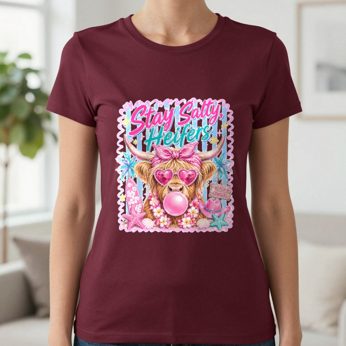 Stay Salty Heifers T-Shirt & Sweatshirt in Maroon, worn, our photo
