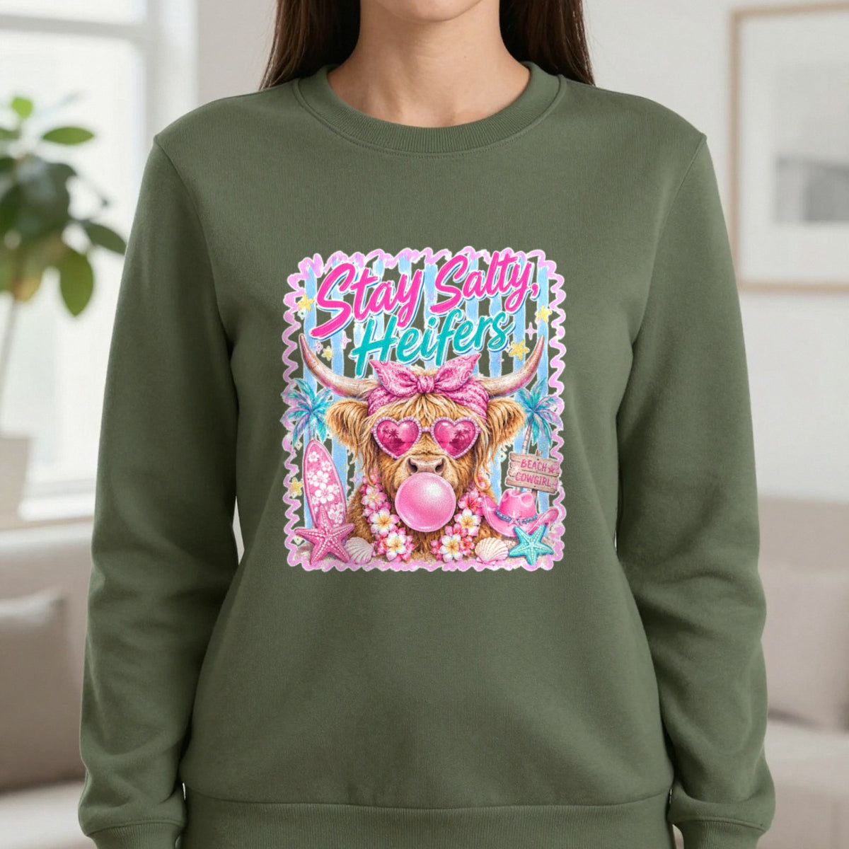 Stay Salty Heifers T-Shirt & Sweatshirt in Military Green, worn, our photo