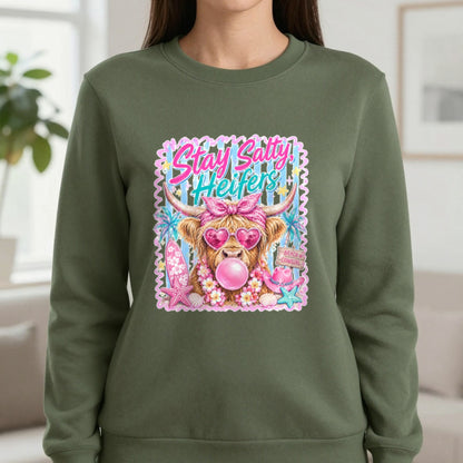 Stay Salty Heifers T-Shirt & Sweatshirt in Military Green, worn, our photo