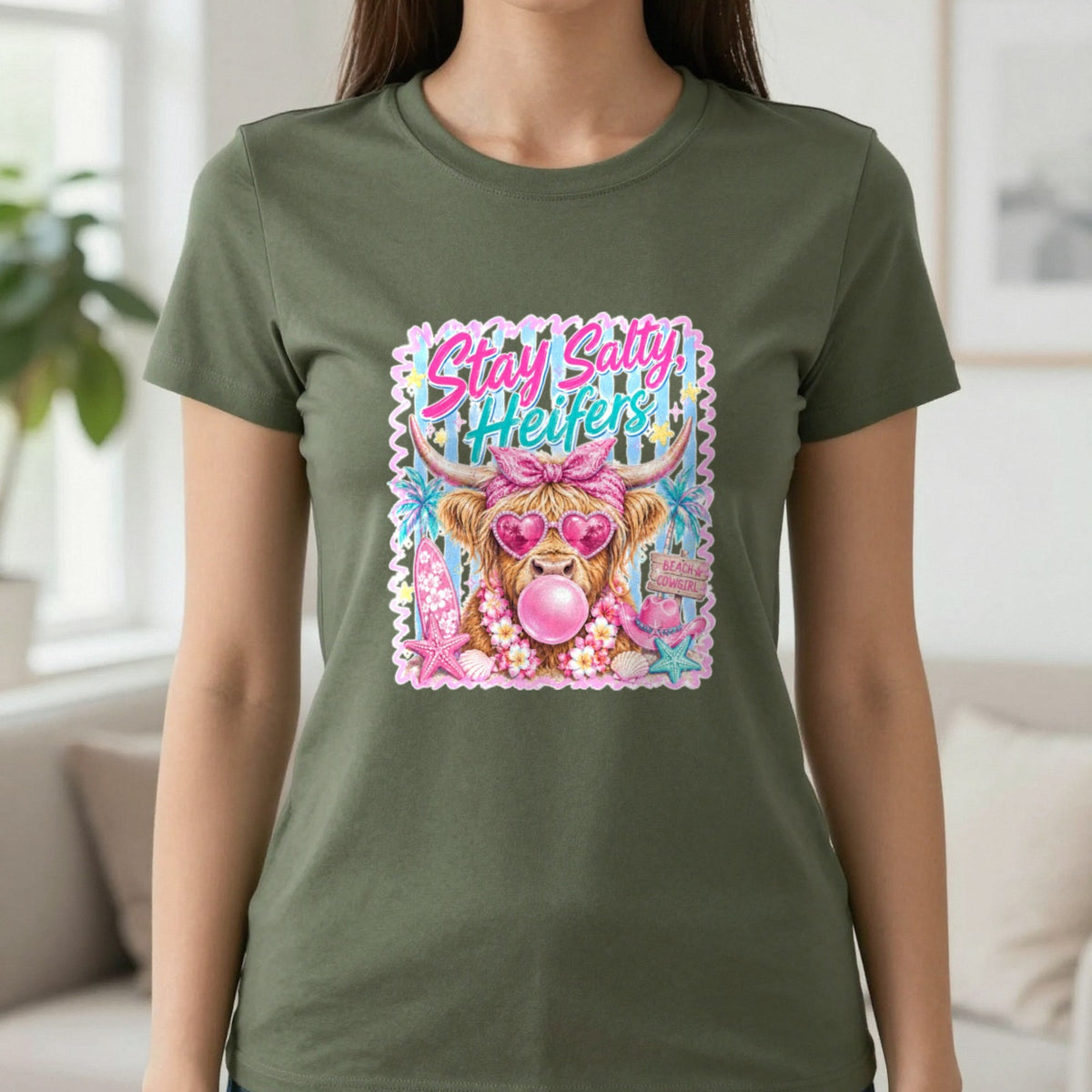Stay Salty Heifers T-Shirt & Sweatshirt in Military Green, worn, our photo