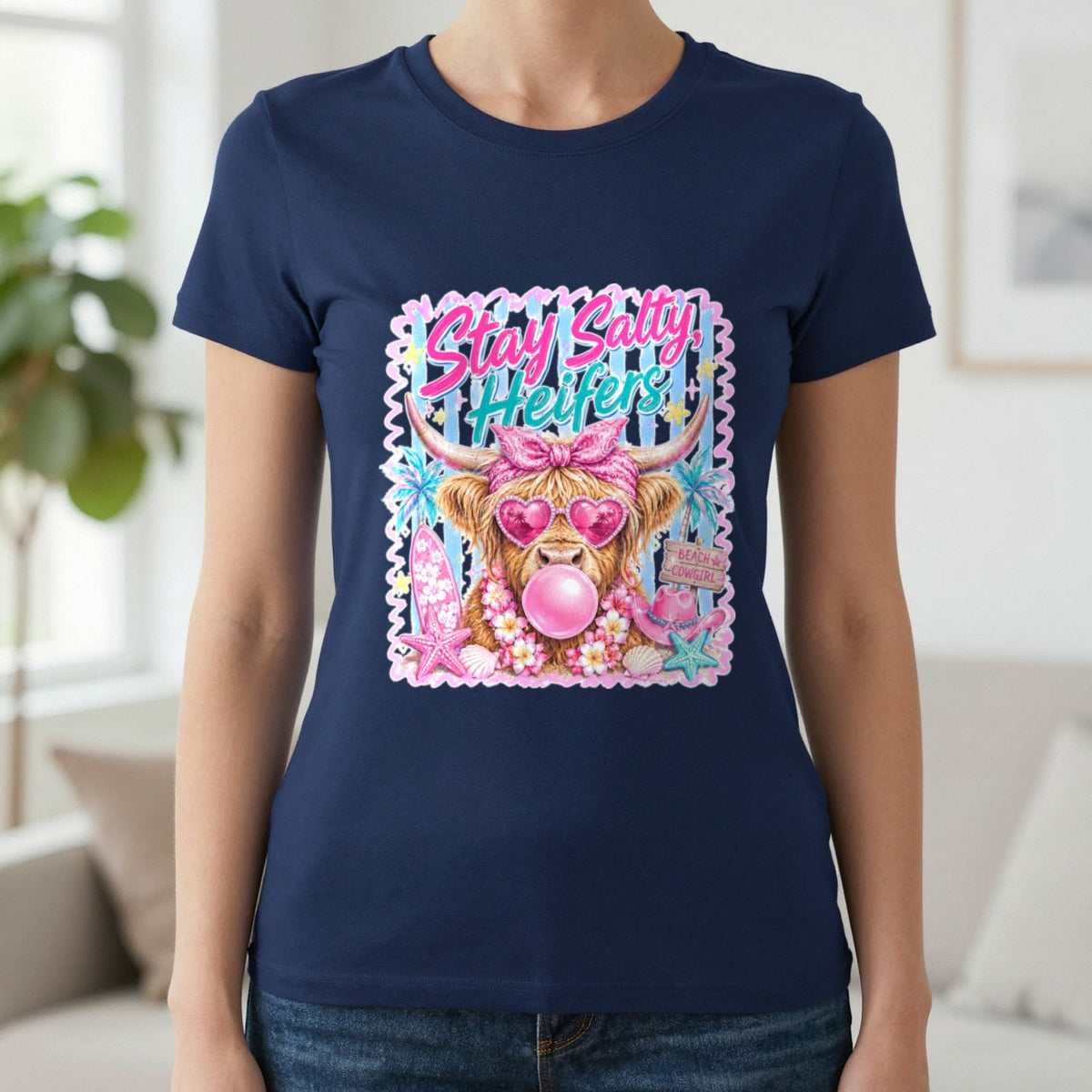 Stay Salty Heifers T-Shirt & Sweatshirt in Navy, worn, our photo