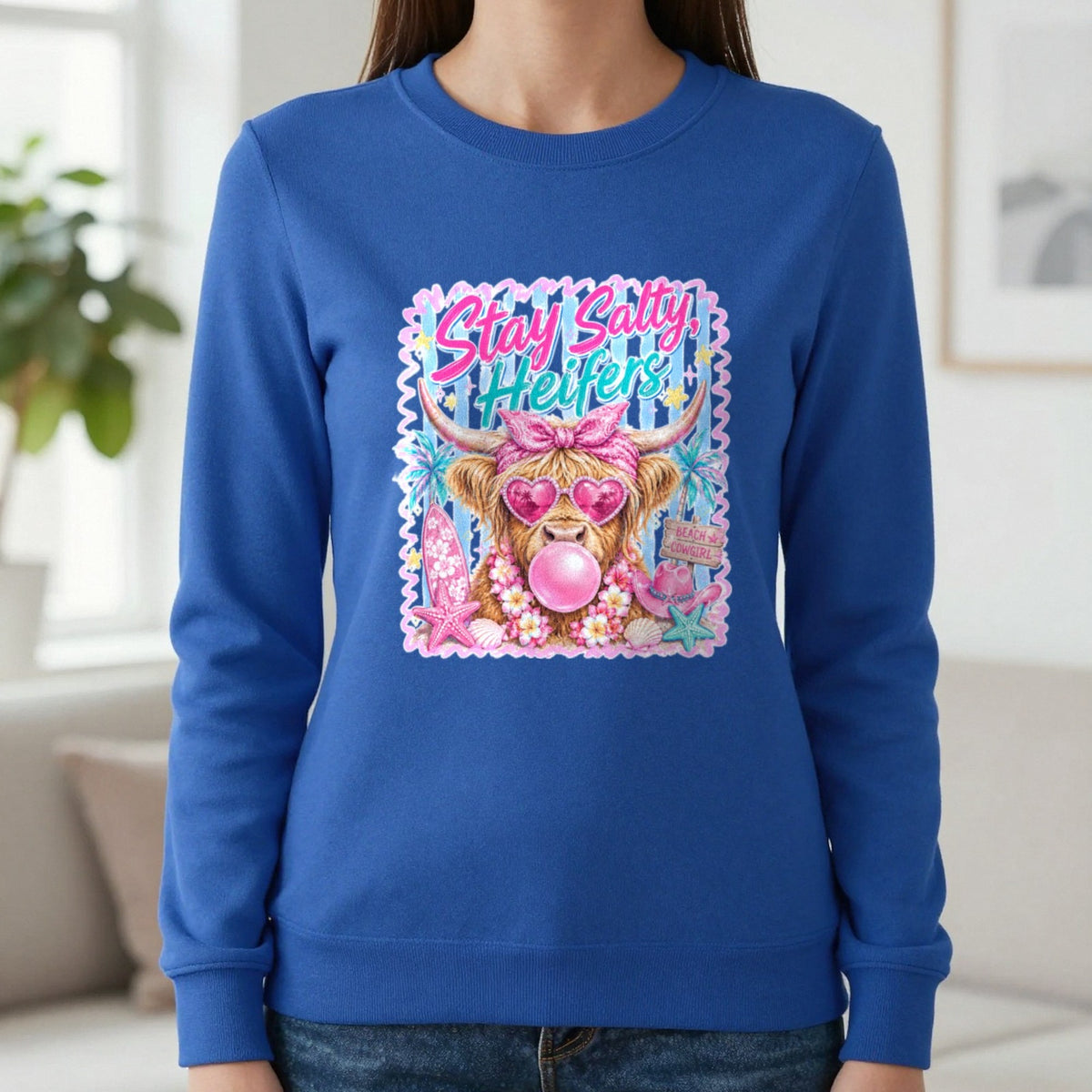 Stay Salty Heifers T-Shirt & Sweatshirt in Royal, worn, our photo