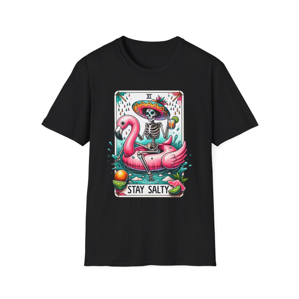 light blue t-shirt with stay salty tarot graphic design