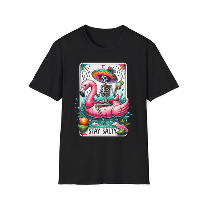 light blue t-shirt with stay salty tarot graphic design