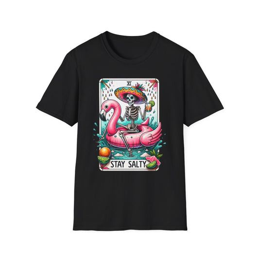 light blue t-shirt with stay salty tarot graphic design