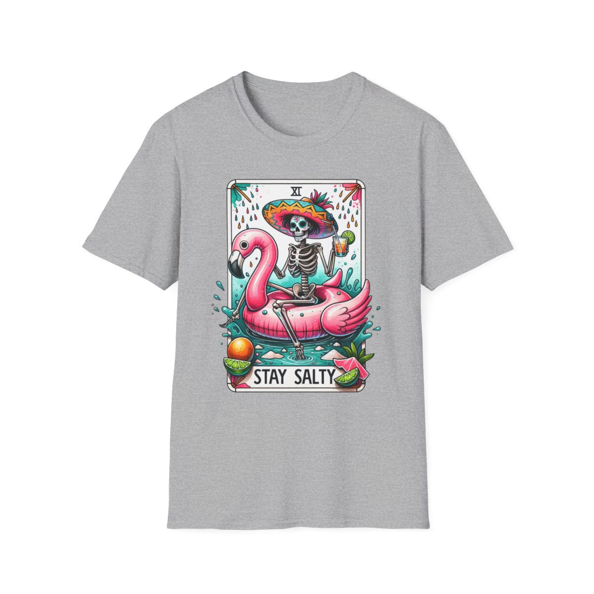 close-up detail of stay salty tarot graphic on t-shirt fabric
