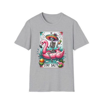 close-up detail of stay salty tarot graphic on t-shirt fabric