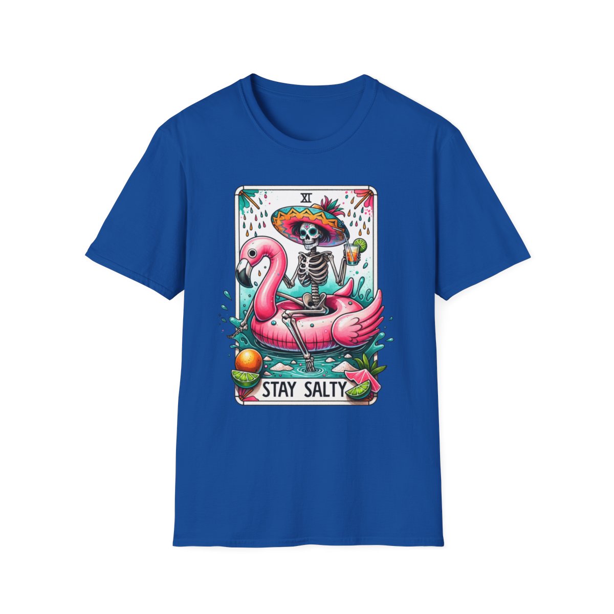 white t-shirt with colourful stay salty tarot artwork