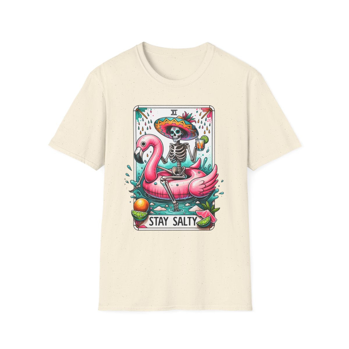 black t-shirt with bold stay salty tarot design