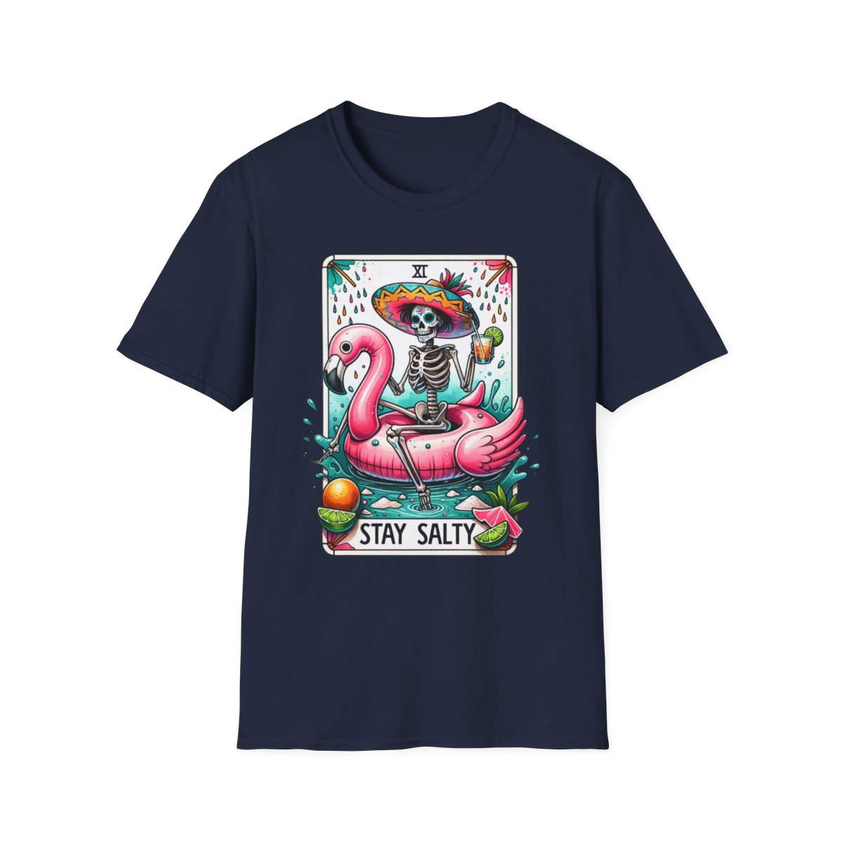 military green t-shirt with stay salty tarot card design