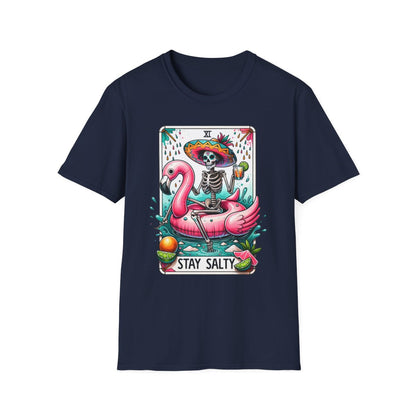 military green t-shirt with stay salty tarot card design