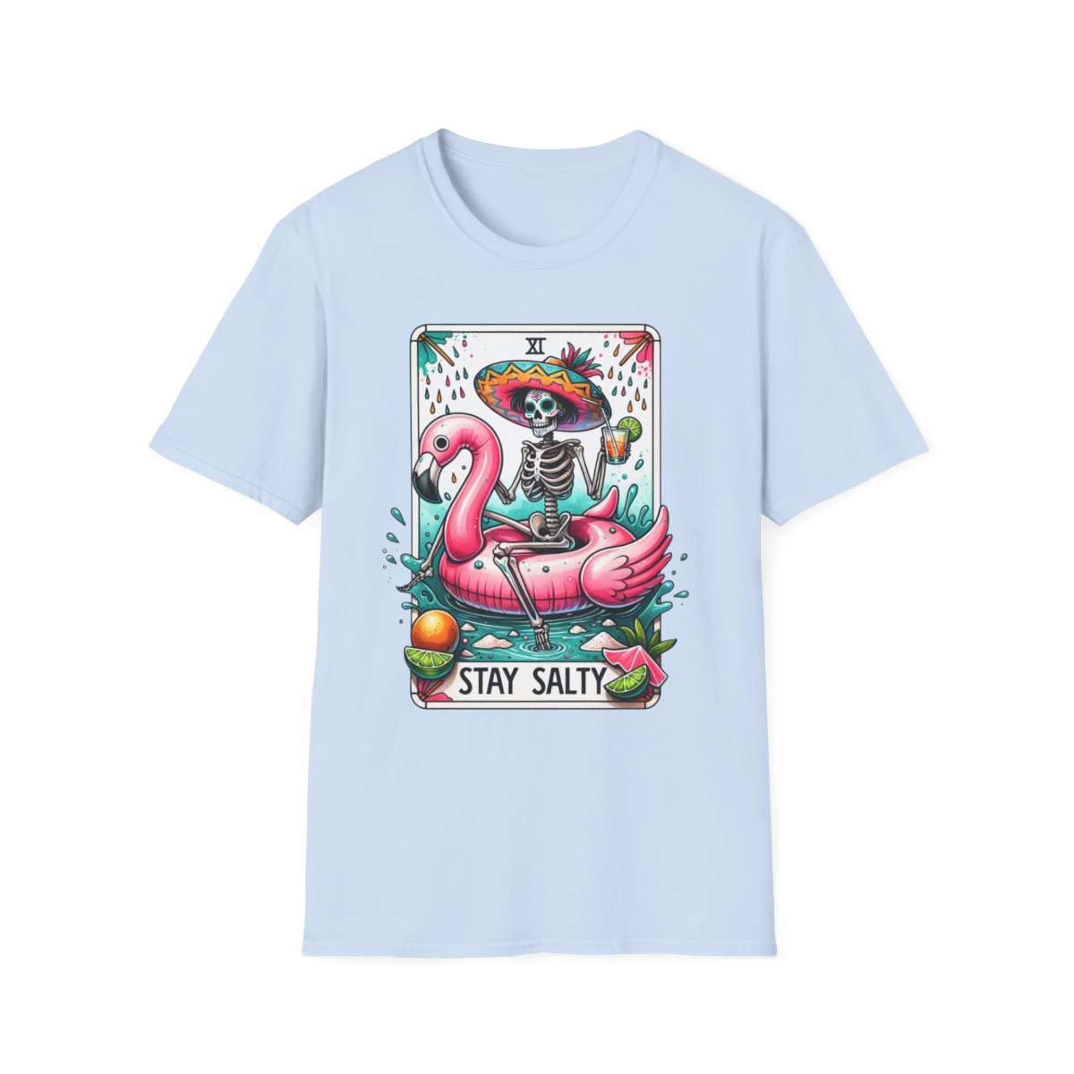 navy t-shirt with tropical tarot card stay salty print