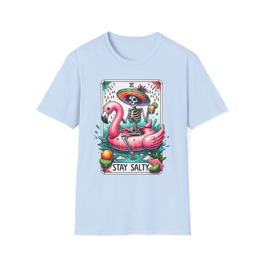 navy t-shirt with tropical tarot card stay salty print