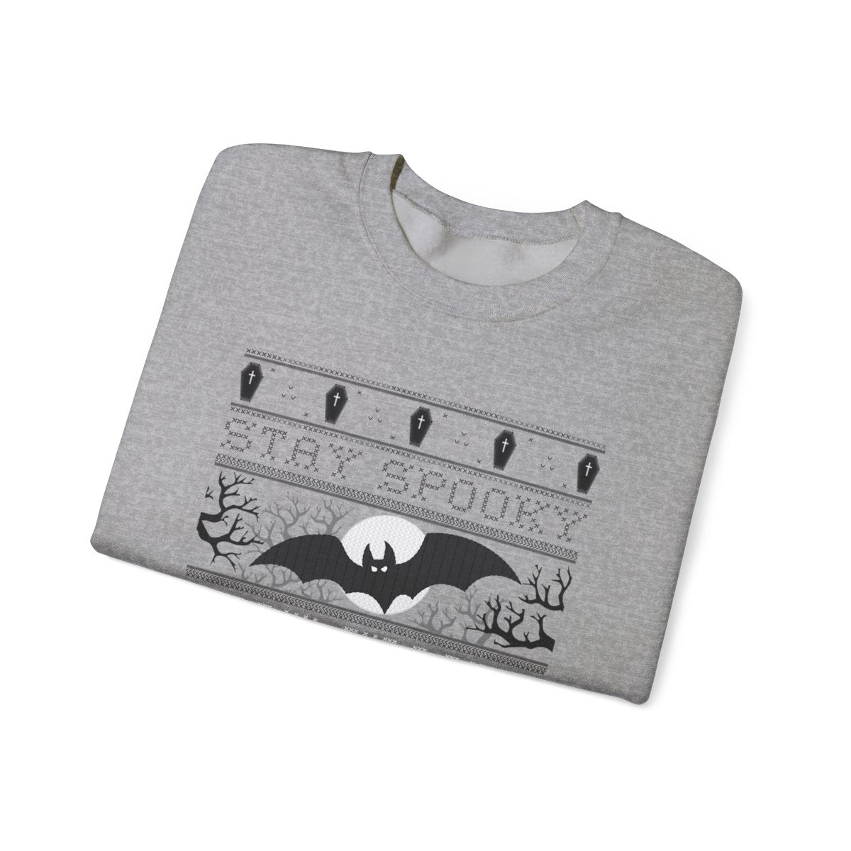 close-up of stay spooky bat printed design on sweatshirt front