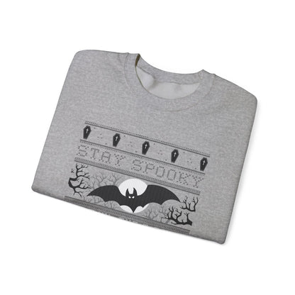 close-up of stay spooky bat printed design on sweatshirt front