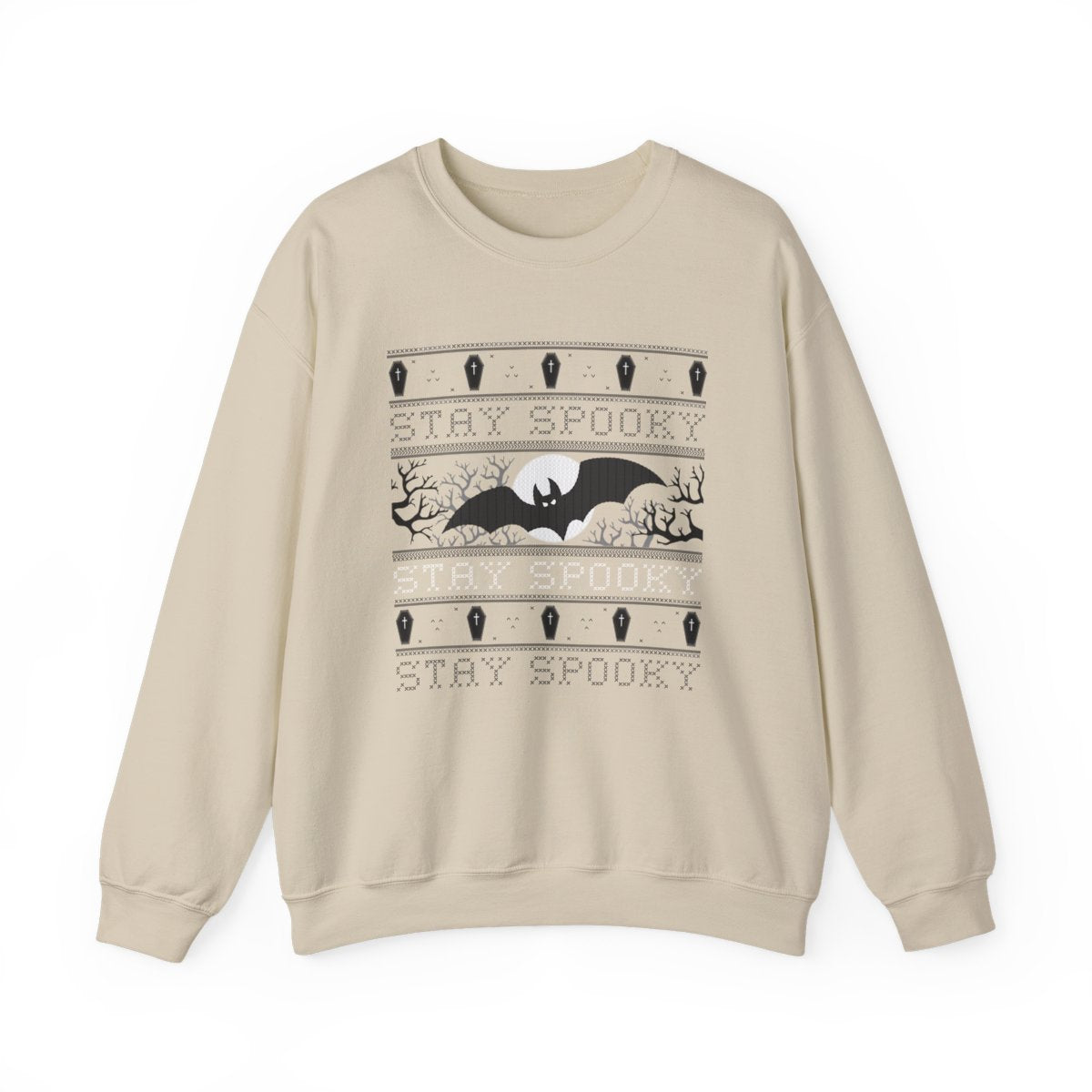 sand sweatshirt with gothic bat and moon halloween graphic