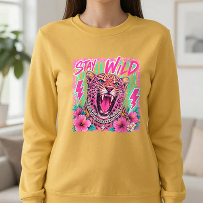Stay Wild Leopard T-Shirt & Sweatshirt in Gold, worn, our photo