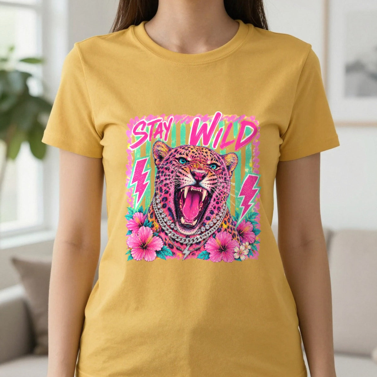 Stay Wild Leopard T-Shirt & Sweatshirt in Gold, worn, our photo