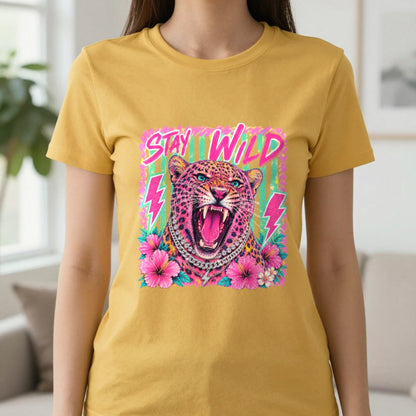 Stay Wild Leopard T-Shirt & Sweatshirt in Gold, worn, our photo