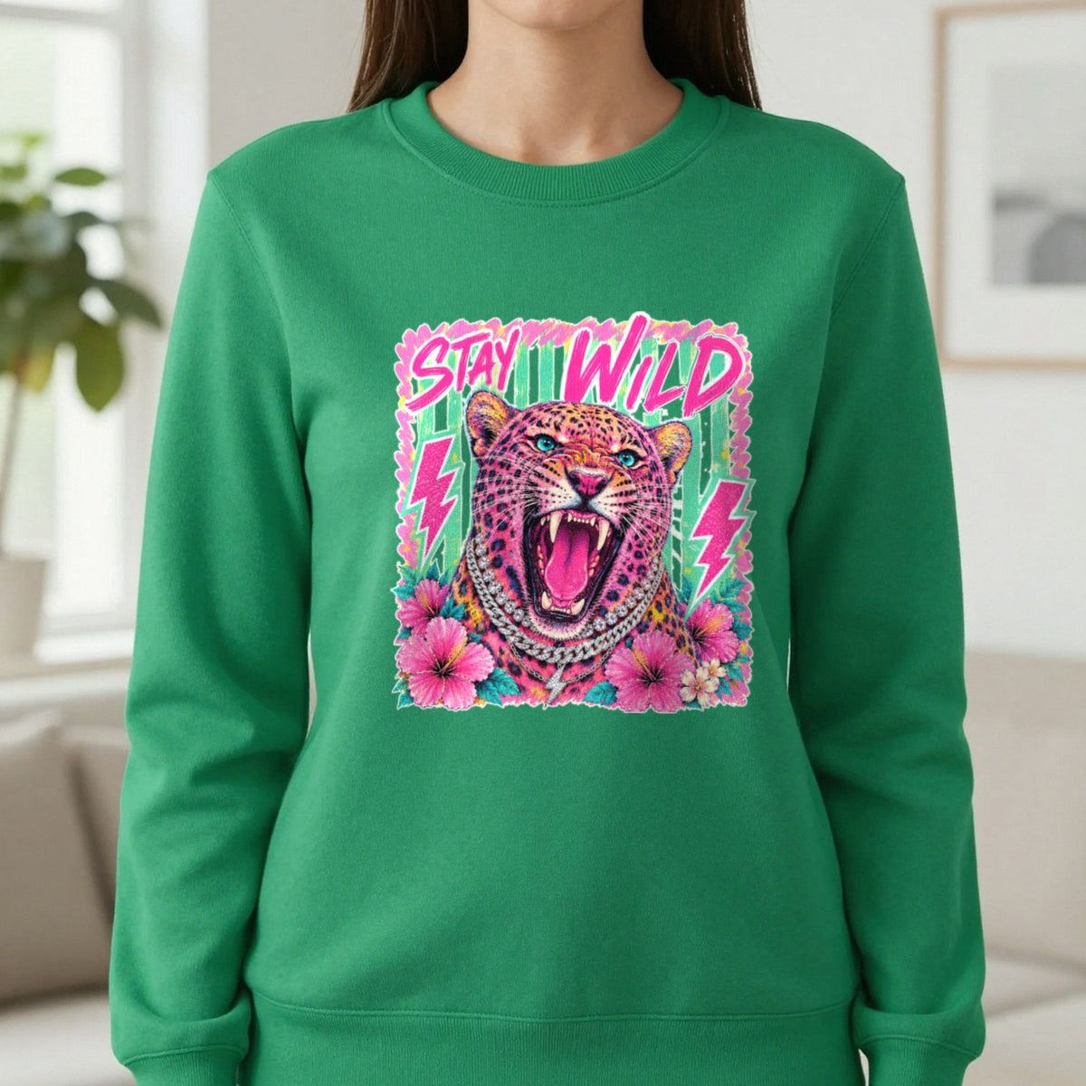 Stay Wild Leopard T-Shirt & Sweatshirt in Irish Green, worn, our photo