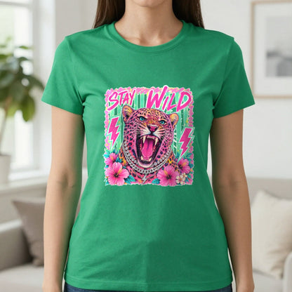 Stay Wild Leopard T-Shirt & Sweatshirt in Irish Green, worn, our photo