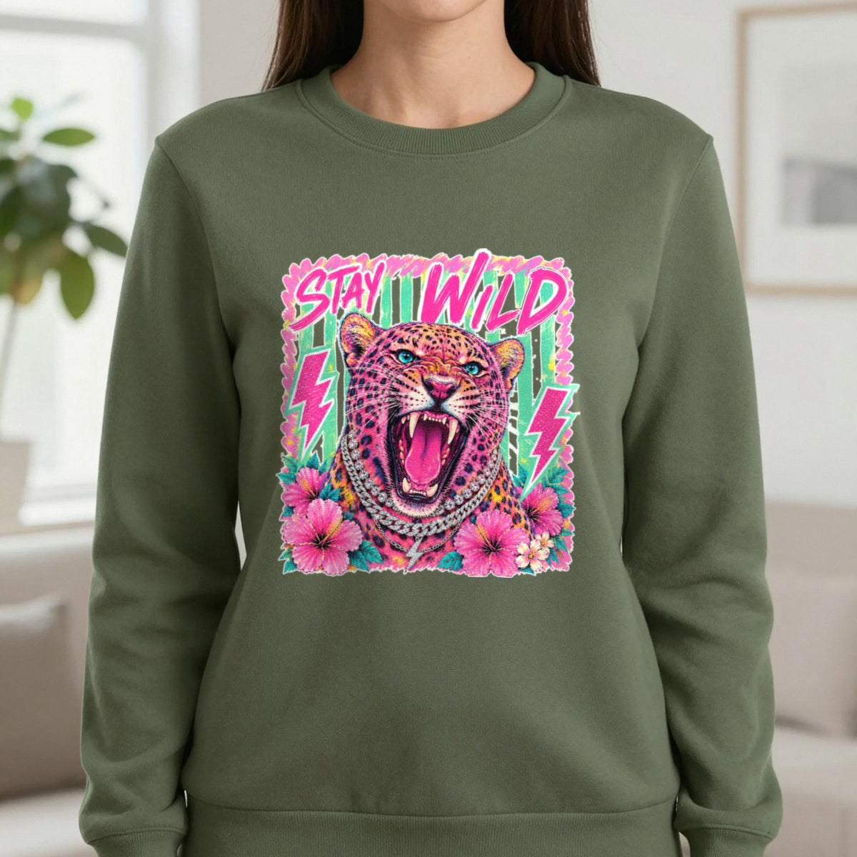 Stay Wild Leopard T-Shirt & Sweatshirt in Military Green, worn, our photo
