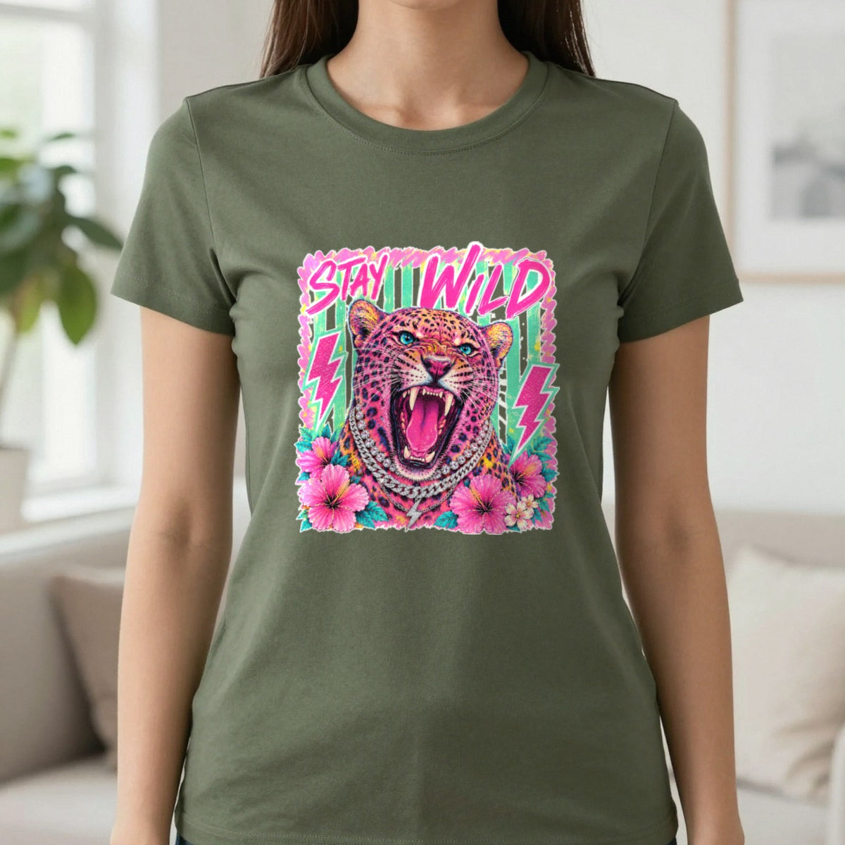 Stay Wild Leopard T-Shirt & Sweatshirt in Military Green, worn, our photo