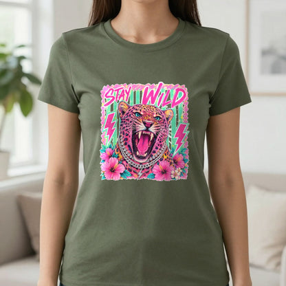 Stay Wild Leopard T-Shirt & Sweatshirt in Military Green, worn, our photo