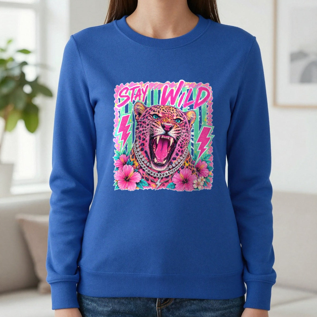 Stay Wild Leopard T-Shirt & Sweatshirt in Royal, worn, our photo
