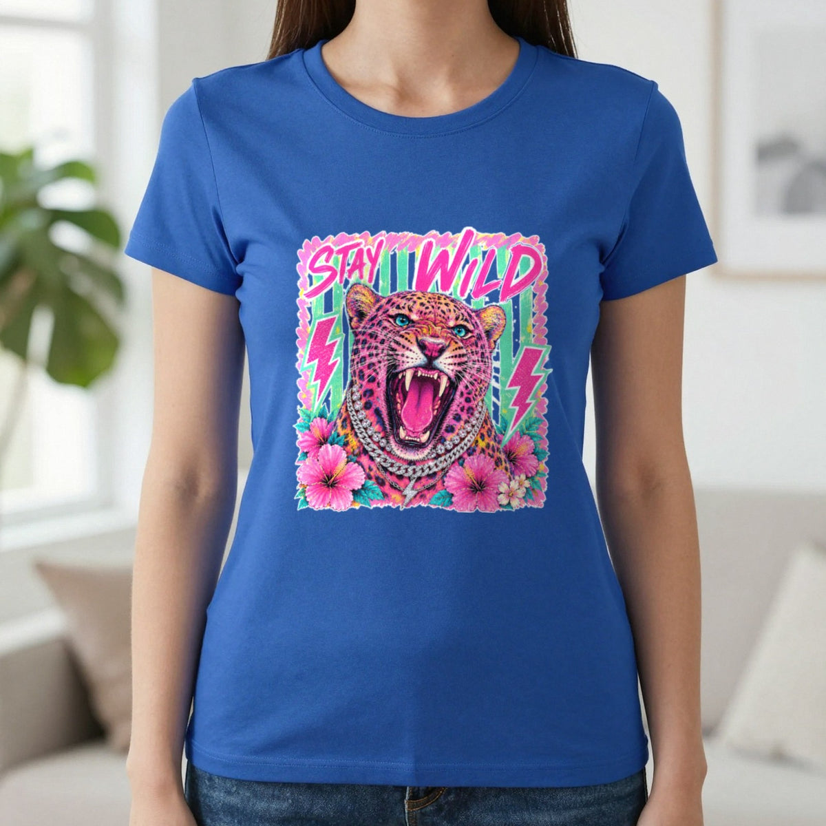 Stay Wild Leopard T-Shirt & Sweatshirt in Royal, worn, our photo