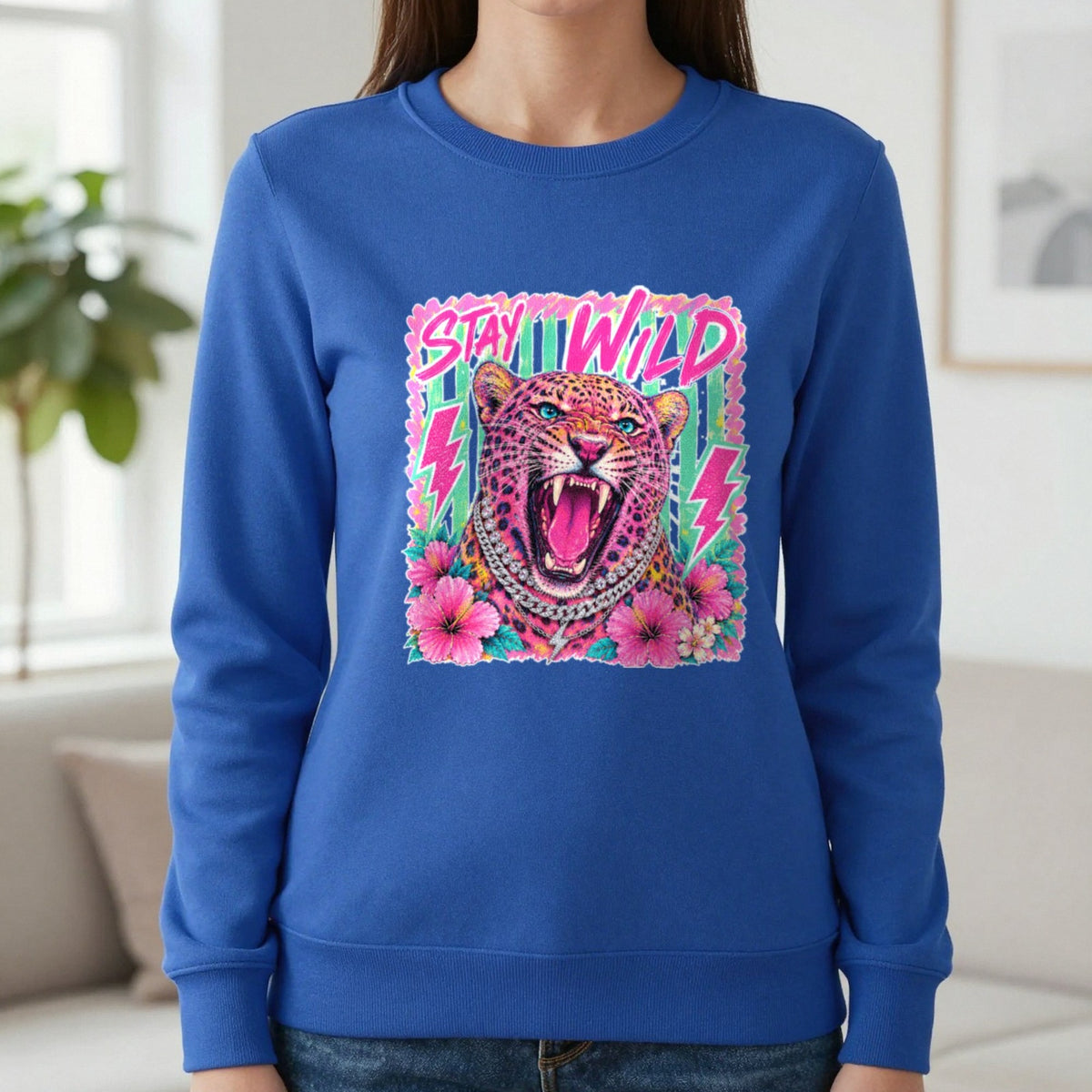 Stay Wild Leopard T-Shirt & Sweatshirt in Sapphire, worn, our photo