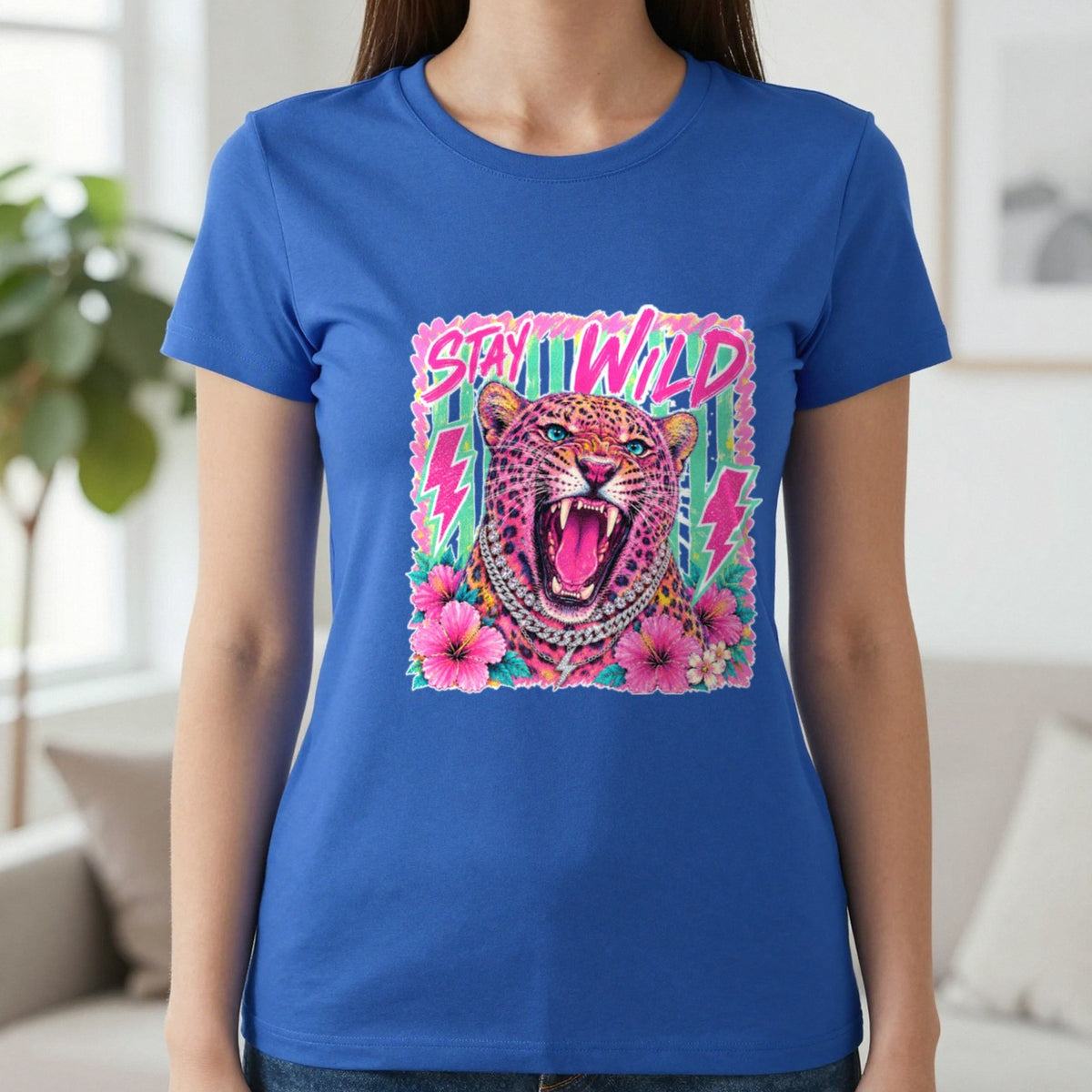Stay Wild Leopard T-Shirt & Sweatshirt in Sapphire, worn, our photo