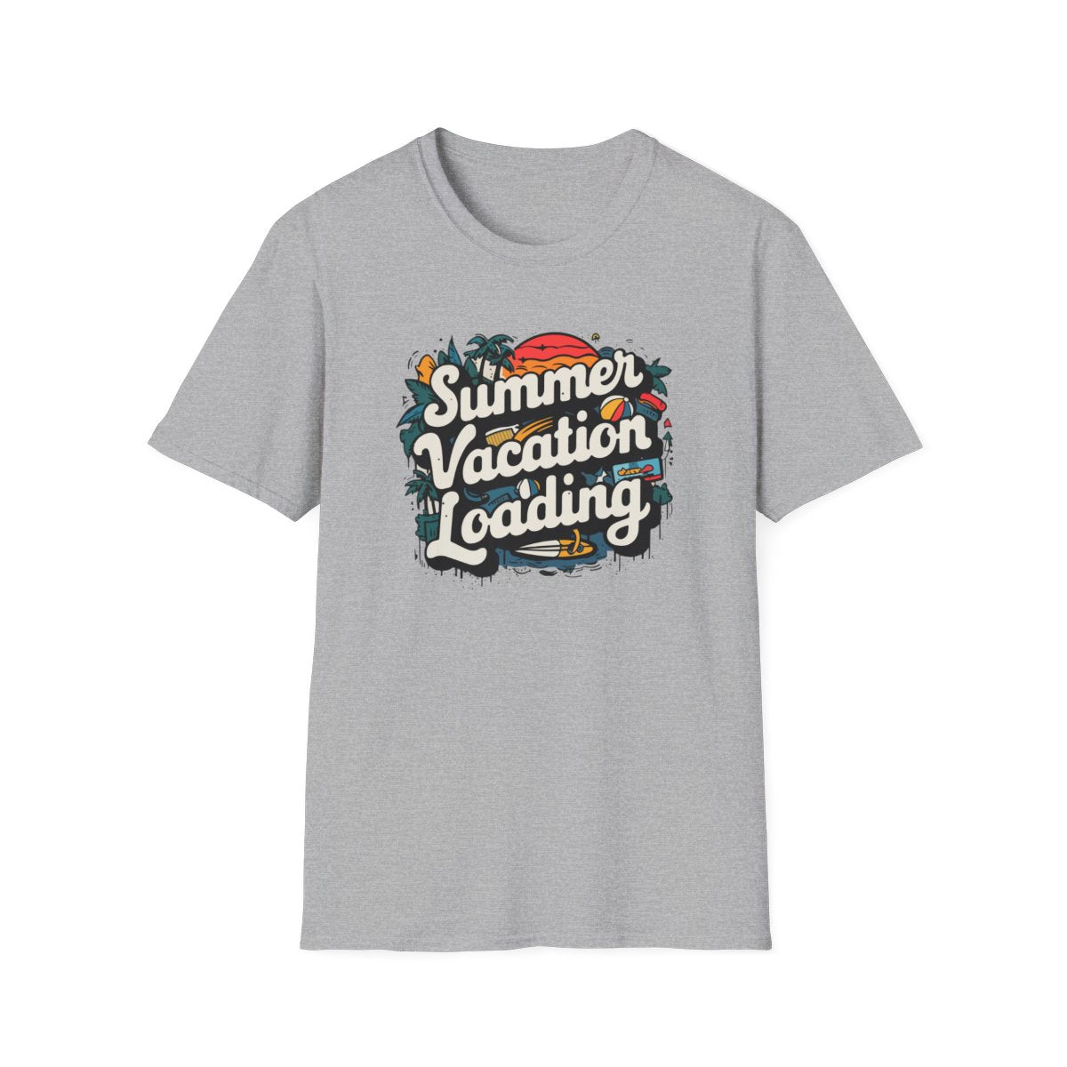 navy t-shirt with summer holiday loading design flat lay